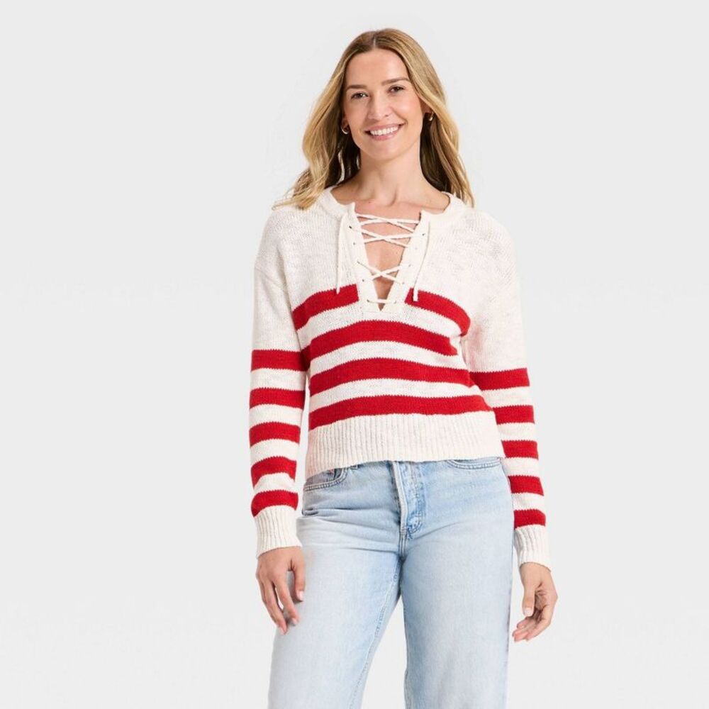 Universal Thread - Women's Lace Up Crewneck Pullover Sweater - Univer Red